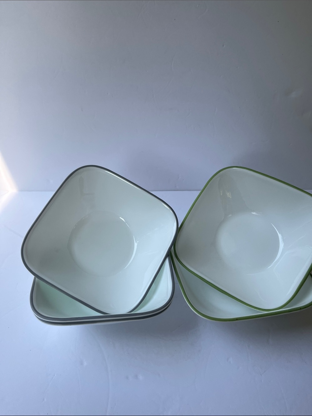 Corelle 5 Square White Soup Cereal Bowls - Made in USA 3 gray 2 green rim